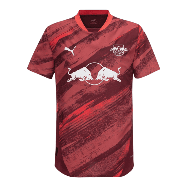 RB Leipzig soccer jersey by Puma in red-maroon with a white bull crest and the team logo on the chest.