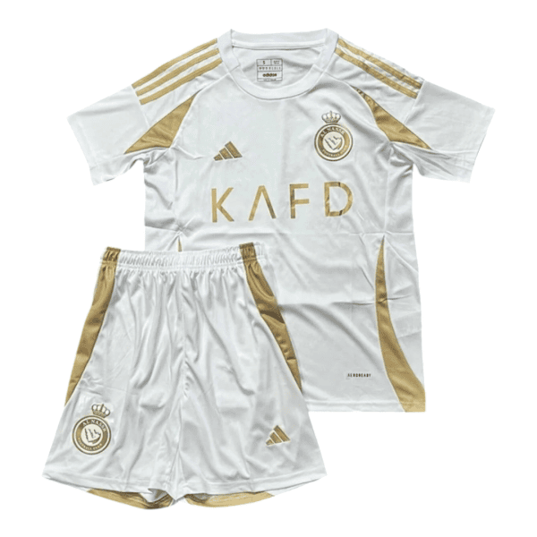 Photoroom-20241206-183629 | AE JERSEY White soccer jersey and shorts set with gold panels, Adidas stripes, crest, and KAFD sponsor text across the chest.