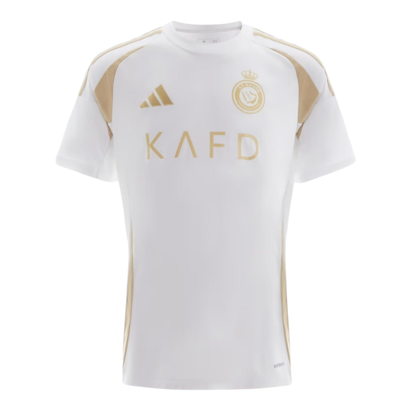 White soccer jersey with gold accents, featuring Adidas logo, circular team crest on the left chest, and 'KAFD' sponsor text across the front.