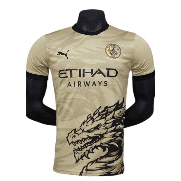 Beige Manchester City football jersey with Etihad Airways sponsor, black Puma logo, team crest, and a large dragon graphic on the front lower half.