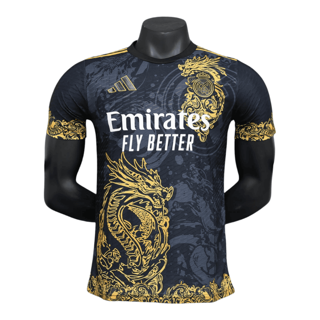 Photoroom-20241210-191923 | AE JERSEY Dark navy Real Madrid jersey with gold dragon artwork and Emirates Fly Better sponsor on the chest.