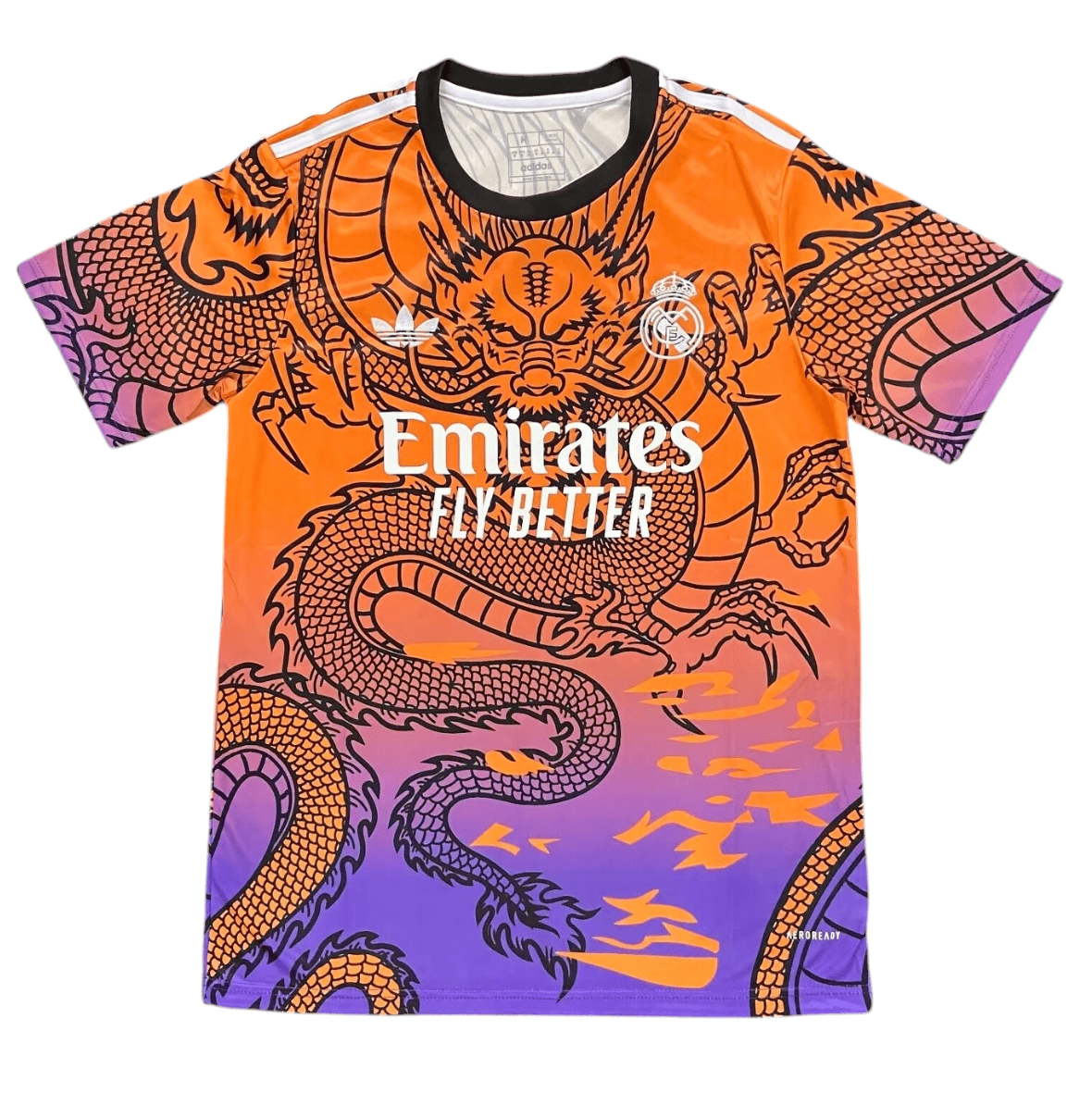 Photoroom-20241210-192543 | AE JERSEY Colorful Real Madrid jersey with a bold dragon graphic and the text 'Emirates Fly Better' across the chest.