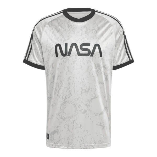 Front view of a light gray camouflage-patterned NASA T-shirt with black collar and sleeve cuffs.