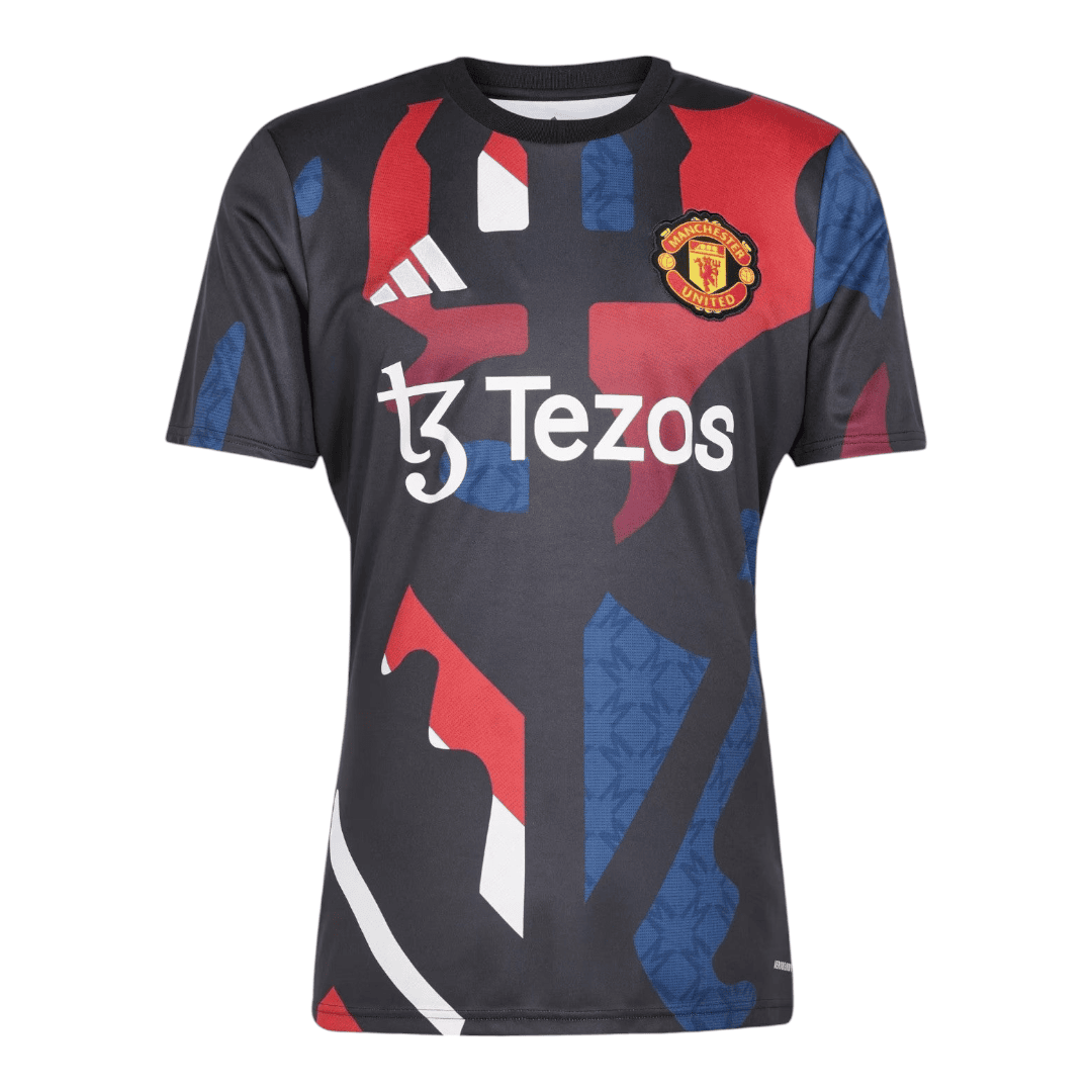 Photoroom-20241223-194840 | AE JERSEY Manchester United football jersey with Tezos sponsor logo and red-blue abstract pattern on a dark background