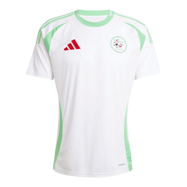 White soccer jersey with lime-green panels, red Adidas logo, and circular team crest on the chest surface.