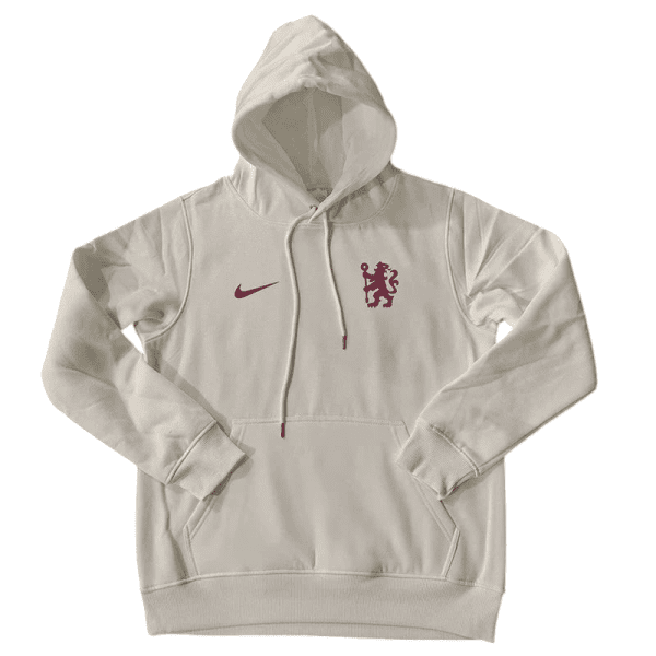 White hoodie featuring a maroon Nike swoosh on the left chest and a maroon lion crest on the right chest, with a front kangaroo pocket and drawstrings.