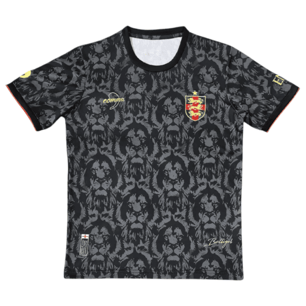 Black sports jersey with gray lion pattern and a red-yellow crest on the chest, resembling a national team soccer jersey.