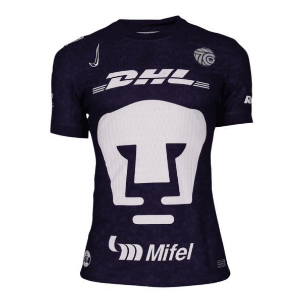 Dark purple athletic jersey with a large white logo on the chest and sponsor logos DHL and Mifel visible, resembling a sports team shirt.