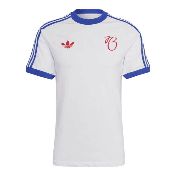 White athletic T-shirt with blue collar and sleeve cuffs, blue stripes along shoulders, red Adidas-like trefoil logo on left chest and red cursive initials on right chest.