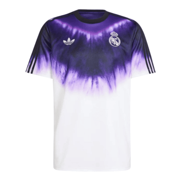 Real Madrid football jersey with a purple-to-white gradient, featuring the club crest and Adidas logo on the chest.