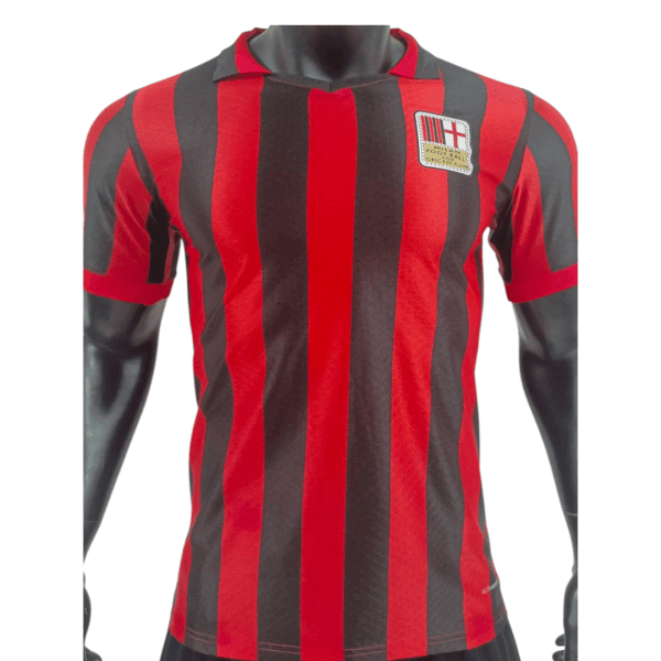 Photoroom-20241229-210529 | AE JERSEY Red and black vertical-striped football jersey with a crest on the left chest, short sleeves, on a mannequin torso
