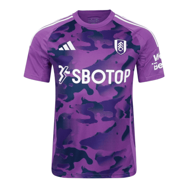 Purple camouflage football jersey with white Adidas stripes on shoulders, crest on chest, and SBOTOP across the front.