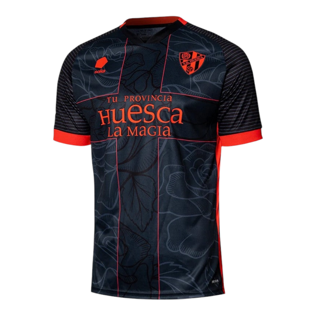 Photoroom-20250114-215330 | AE JERSEY Dark navy soccer jersey with red piping and side panels, left chest crest, and 'Tu Provincia Huesca La Magia' across the front.