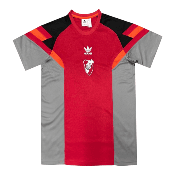 Red center-panel athletic jersey with gray side panels and black shoulders, featuring the Adidas logo and a club crest on the chest.