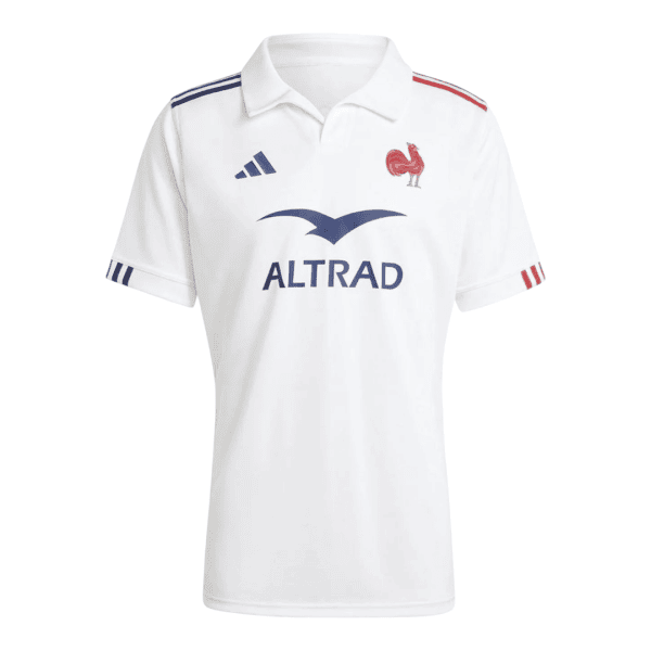 White polo rugby jersey featuring a red French rooster crest and ALTRAD sponsor logo with blue shoulder stripes and decorative adidas-style marks on the sleeves.