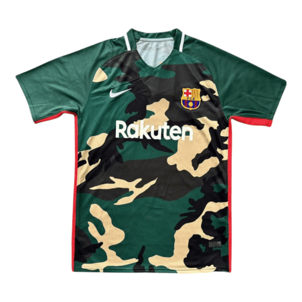 Camouflage FC Barcelona football jersey with Rakuten sponsor and team crest on the chest.