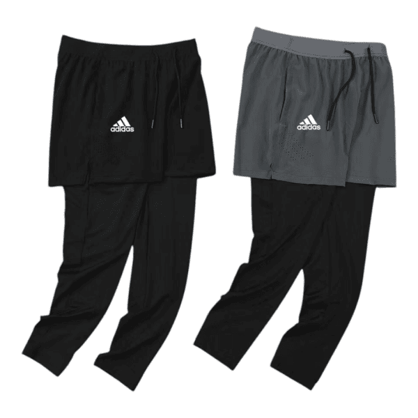 Photoroom-20250129-213514 | AE JERSEY Two Adidas athletic pants with attached shorts: left in black, right in gray, both with white Adidas logo