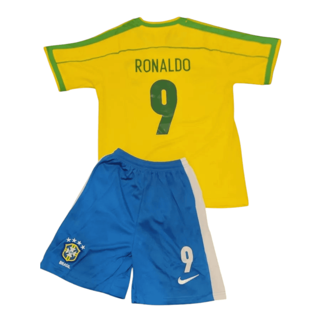Photoroom-20250210-164230 | AE JERSEY Brazil national team football kit: yellow jersey with Ronaldo 9 on back and blue shorts with number 9 and Brazil crest on the shorts