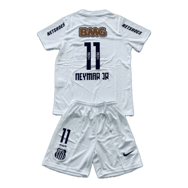 Back view of a white Neymar Jr soccer jersey with number 11 and matching shorts; features Santos crest on the shorts and a Nike logo on the shorts.