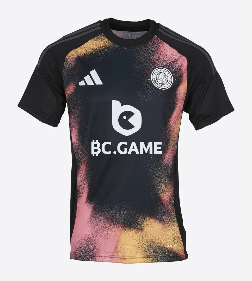 QDROhp321gdHFTw | AE JERSEY Leicester City football jersey with black sleeves and a pink–orange gradient front, featuring the Adidas logo, club crest, and BC.GAME sponsor.