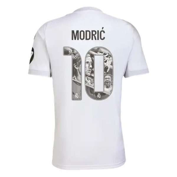 White Real Madrid football jersey shown from the back, with the name Modrić and number 10 filled with a grayscale collage.
