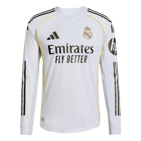White Real Madrid soccer jersey with Emirates Fly Better sponsor text and club crest, front view with black Adidas stripes and yellow piping.