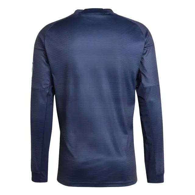 RMCFMZ0907_2_1 | AE JERSEY Back view of a navy blue athletic long-sleeve shirt with subtle horizontal ribbed texture on the fabric.