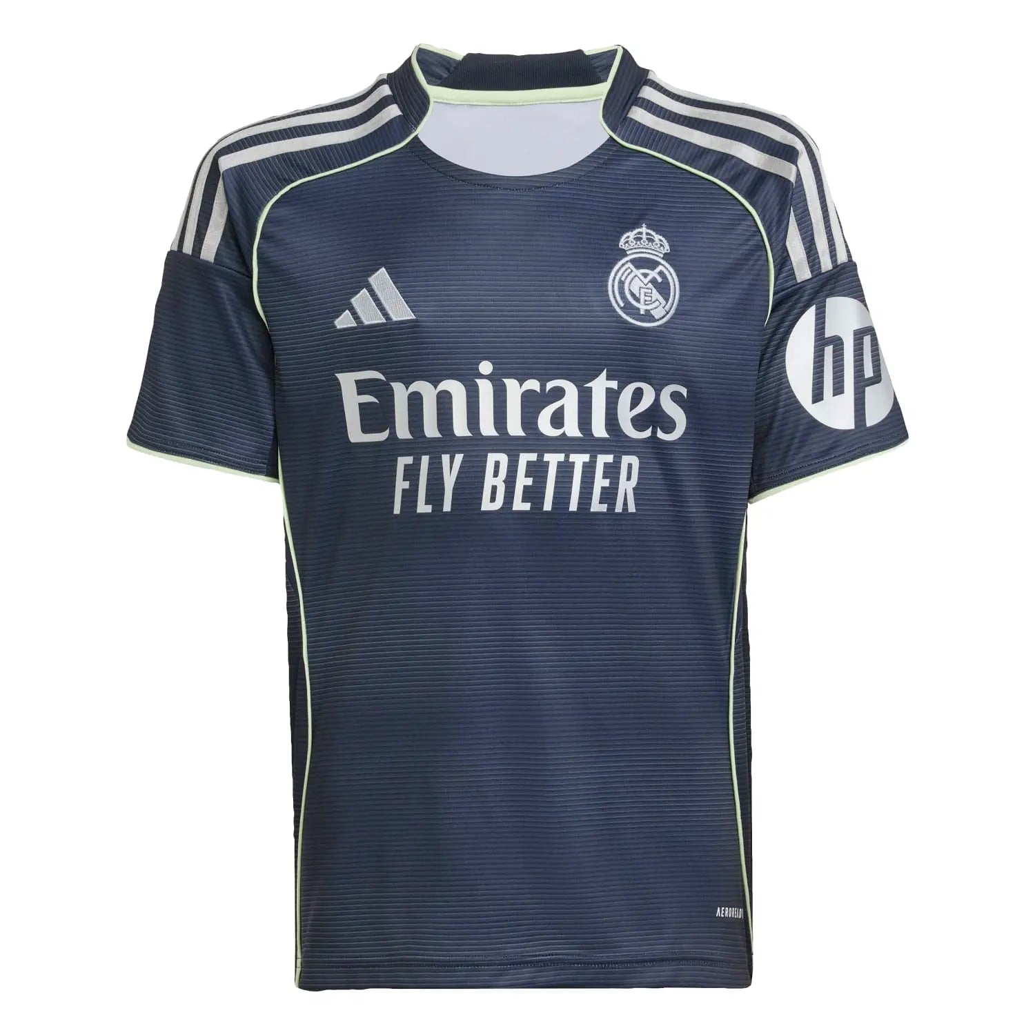 RMCFYO0095_1 | AE JERSEY Dark blue Real Madrid jersey front with Emirates Fly Better sponsor and white crest, lime trim and Adidas stripes on shoulders.