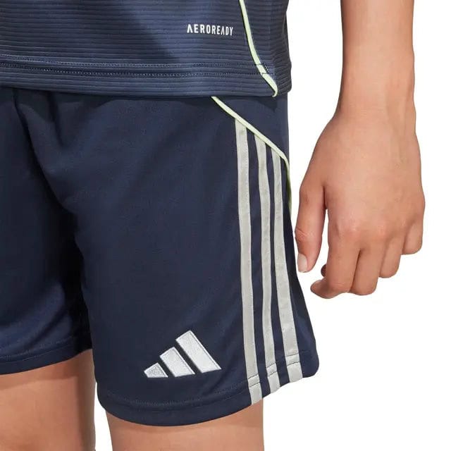 RMCFYO0095_10 | AE JERSEY Close-up of a person wearing navy Adidas athletic shorts with white side stripes and logo, paired with a matching navy top showing Aeroready text.