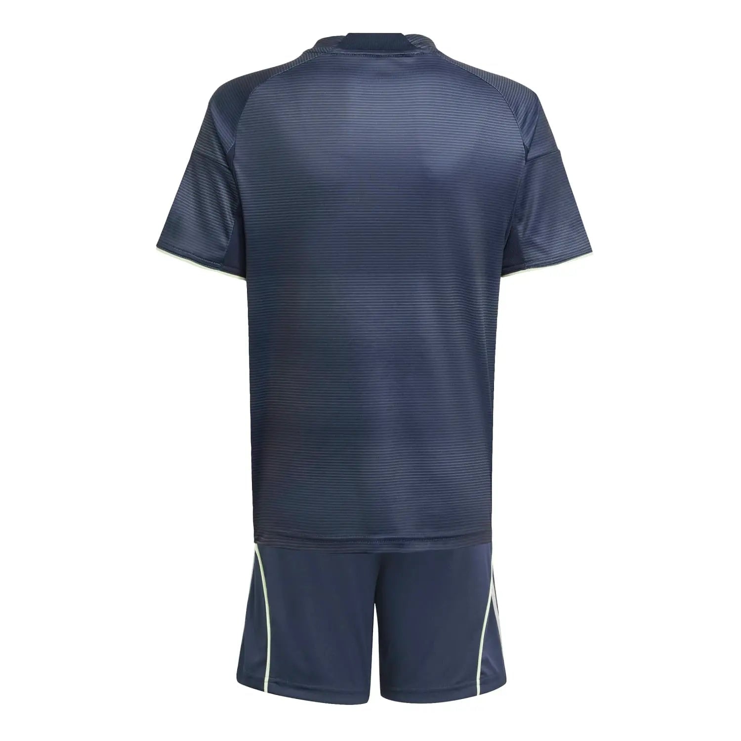RMCFYO0095_3 | AE JERSEY Back view of a navy blue athletic jersey with horizontal stripes and matching shorts with light piping.