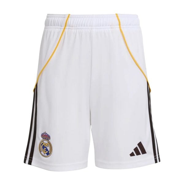 White Real Madrid football shorts with yellow piping, black side stripes, Real Madrid crest and Adidas logo visible on the left leg