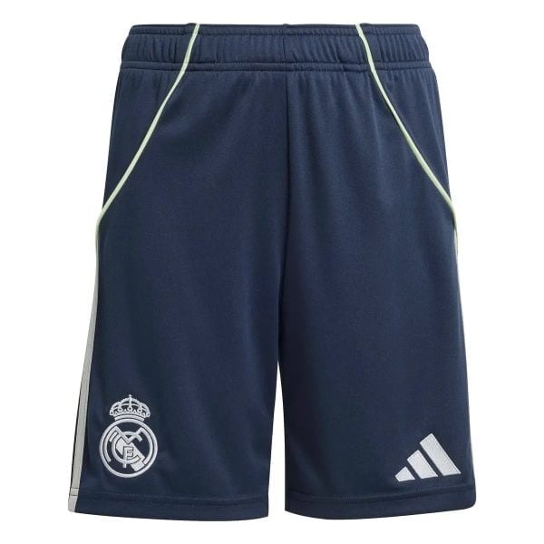 Navy-blue training shorts with lime piping and Real Madrid crest on the left leg; Adidas logo on the right leg.