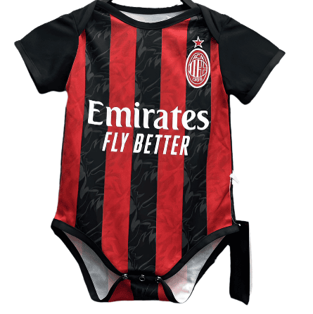 SZ | AE JERSEY Baby onesie designed like an AC Milan football jersey with red-and-black stripes and Emirates Fly Better logo.