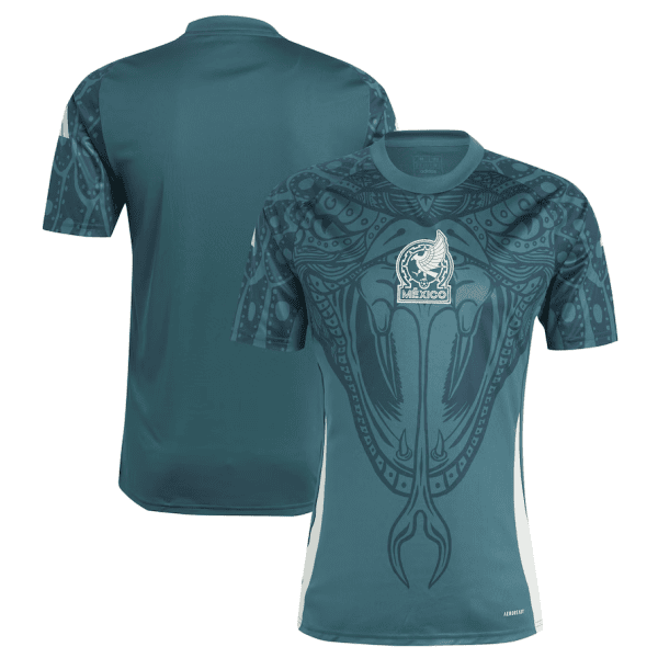 Teal Mexico football jersey with ornate tribal pattern and crest on the chest, shown from front and back.