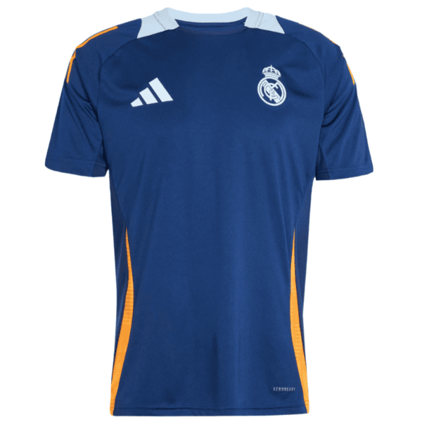 Blue Real Madrid soccer jersey with light blue shoulder panels and orange side panels, Adidas logo on chest.