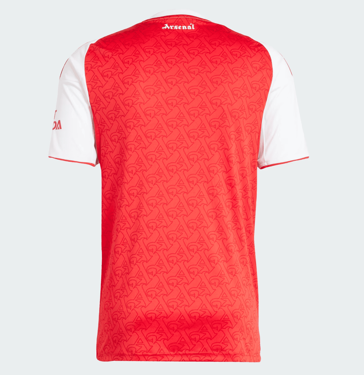Screenshot2025-06-04184956 | AE JERSEY Back view of a red Arsenal football jersey with white sleeves, featuring a repeating pattern and 'Arsenal' text near the neck.