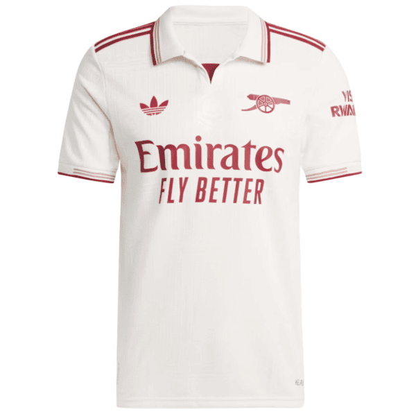 White polo jersey with red accents and 'Emirates Fly Better' sponsor text on the front, Arsenal logo on left chest, and team branding on sleeves.
