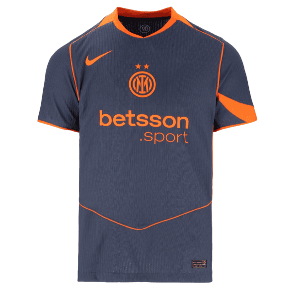 Inter Milan football jersey in navy with bright orange accents and sponsor 'betsson.sport' on the chest, front view.