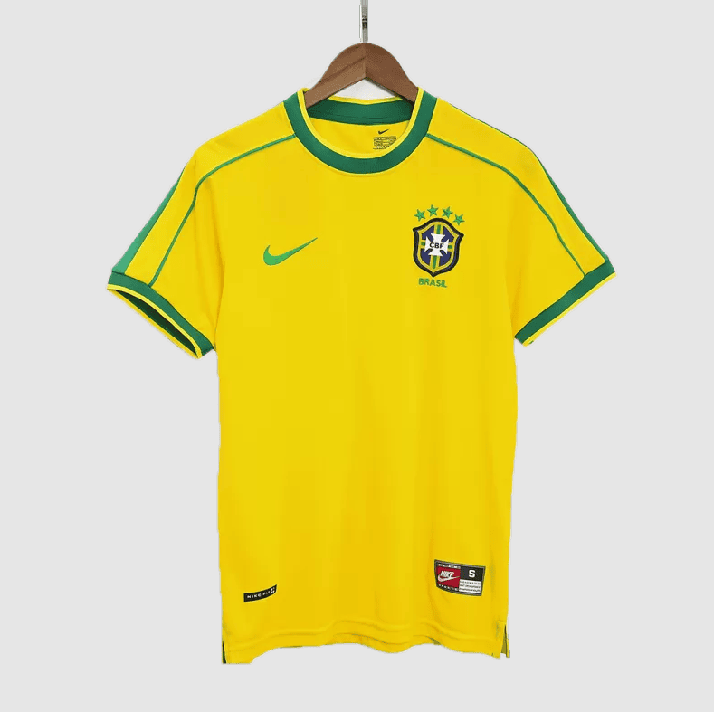 Screenshot_2024-07-20_032522 | AE JERSEY Yellow Brazil national team soccer jersey with green trim, Nike swoosh, and crest with stars on the chest.