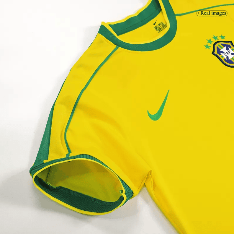 Screenshot_2024-07-20_032614 | AE JERSEY Close-up of a yellow Brazil national football team jersey sleeve with green trim, Nike swoosh, and CBF crest.