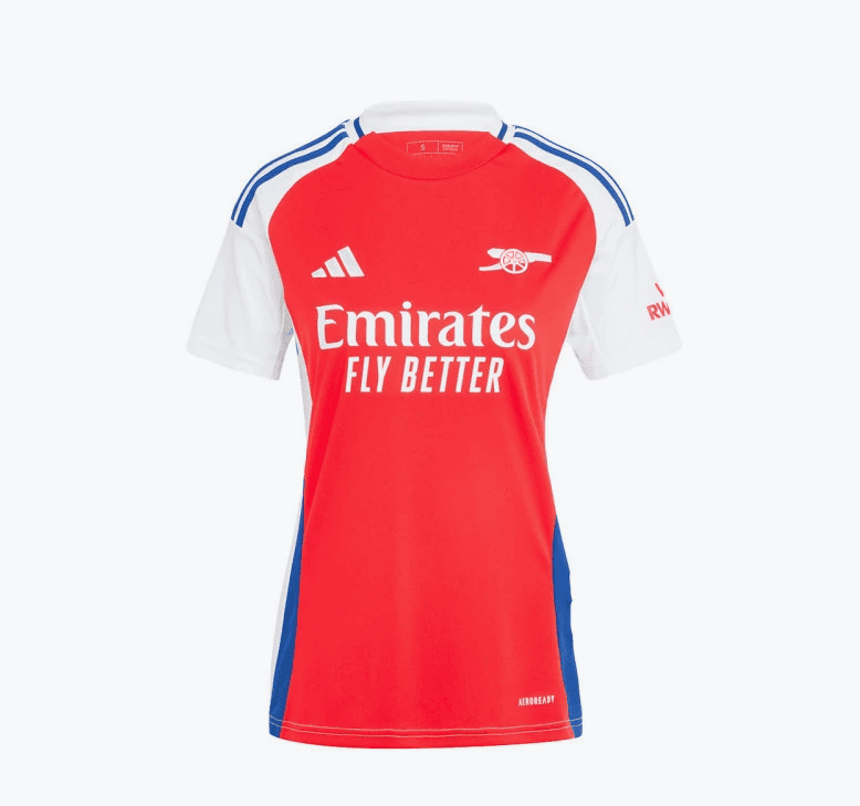Screenshot_2024-07-26_184046 | AE JERSEY Red Arsenal football jersey with white sleeves, blue side panels, and the Emirates Fly Better sponsor on the front (front view).
