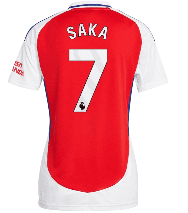 Screenshot_2024-08-03_212522 | AE JERSEY Back view of a red Arsenal football jersey with white sleeves, name 'SAKA' and number '7' on the back.