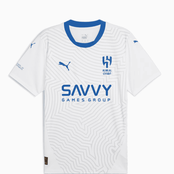 White soccer jersey with blue crew neck and a subtle geometric pattern, featuring the blue Savvy Games Group sponsor across the chest and a blue club crest on the left chest with Puma branding on the sleeves.