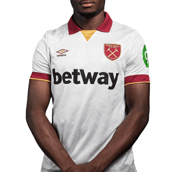 West Ham United white away jersey with maroon collar, gold inner V, club crest, and Betway sponsor across the chest.