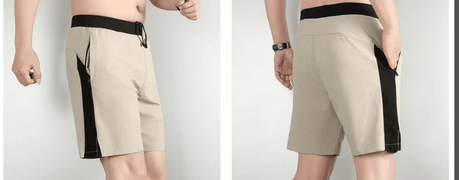 Screenshot_2024-10-04_015225 | AE JERSEY Beige men's shorts with black side panels, shown from front and back.