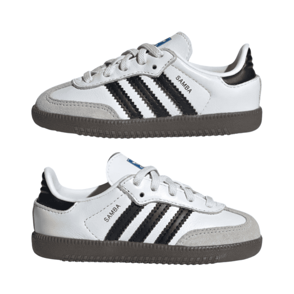 Two white Adidas Samba sneakers with black stripes and brown soles, shown from side and slightly angled views.