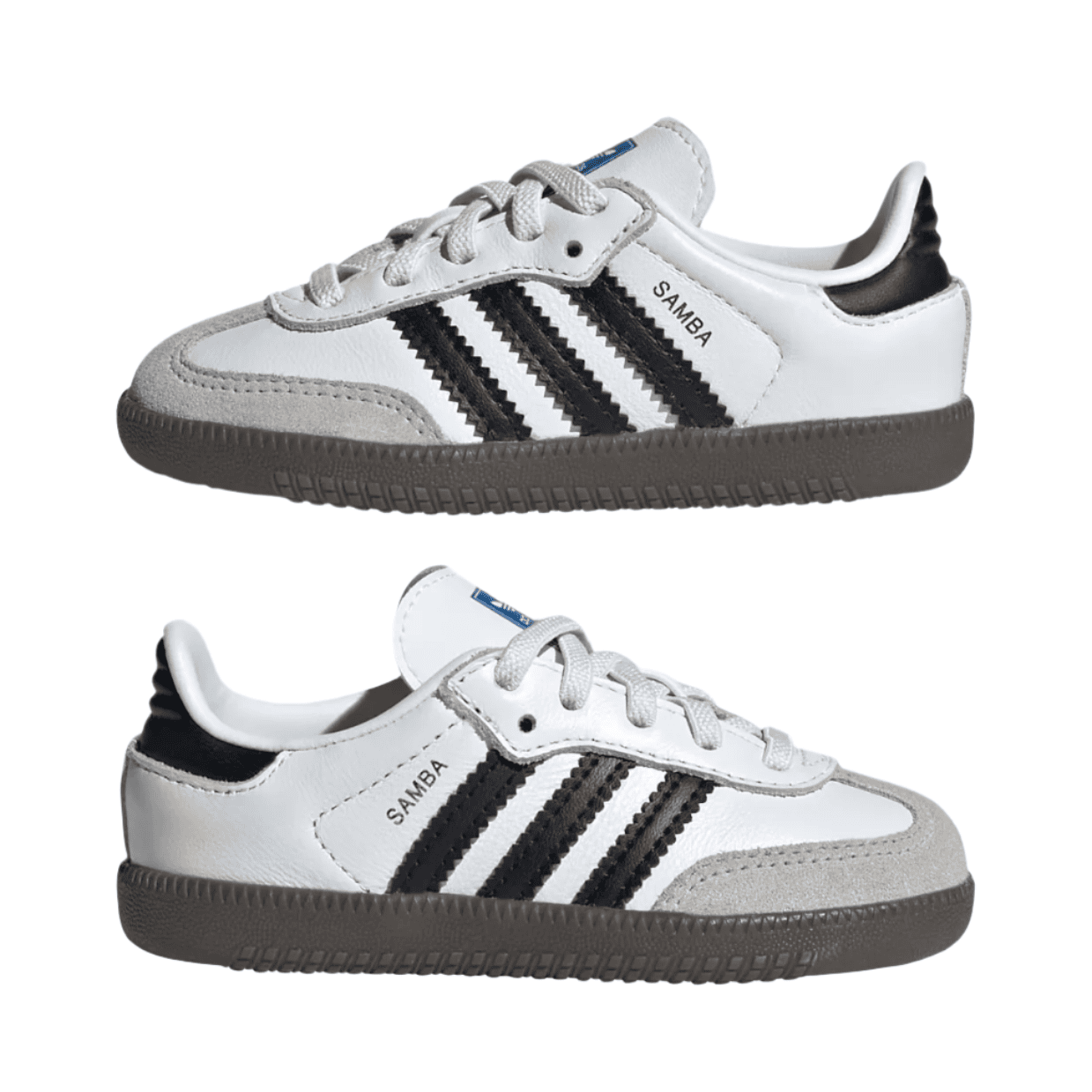Screenshot_2025-02-10_201032 | AE JERSEY Two white Adidas Samba sneakers with black stripes and brown soles, shown from side and slightly angled views.