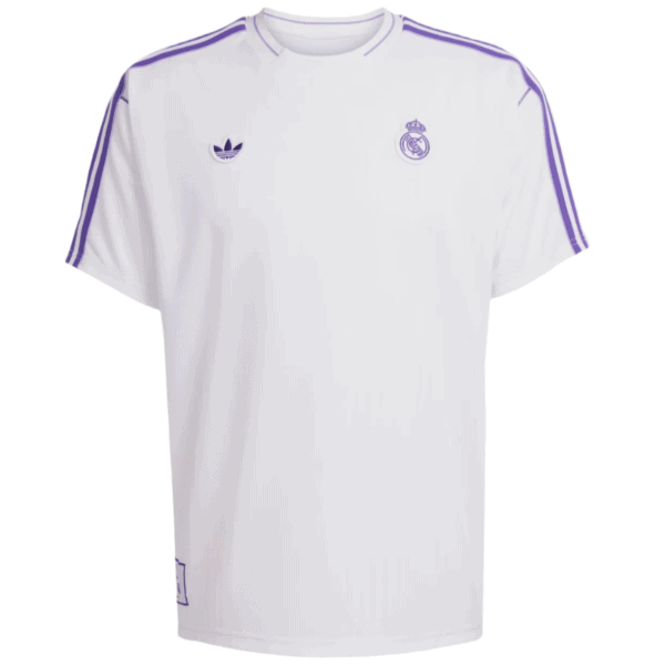 White Real Madrid soccer jersey with purple Adidas stripes on shoulders and sleeves.