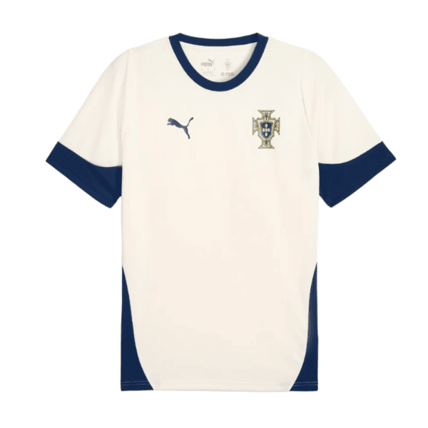 White Portugal national team soccer jersey with blue collar and cuffs, blue side panels, Puma logo on the chest, and the Portugal crest on the other side.