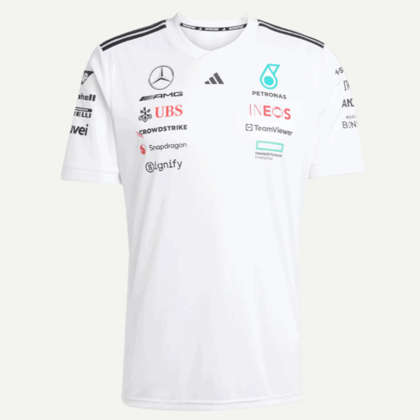 White polo-style shirt with multiple sponsor logos (Mercedes, AMG, Adidas, Petronas, INEOS, UBS, CrowdStrike, TeamViewer, Snapdragon, Signify, Hewlett Packard Enterprise) arranged in two columns on the chest.